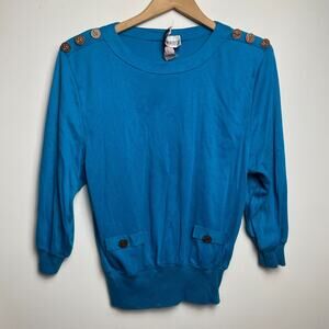 Vintage 80s Statement Knit Top Small Coin Buttons Nautical Coastal Yatch Club